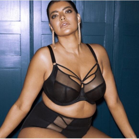 ELOMI Bra Size 32L Sachi Caged Plunge Underwire Black Mesh Cutout Straps EL4350 - Picture 1 of 14
